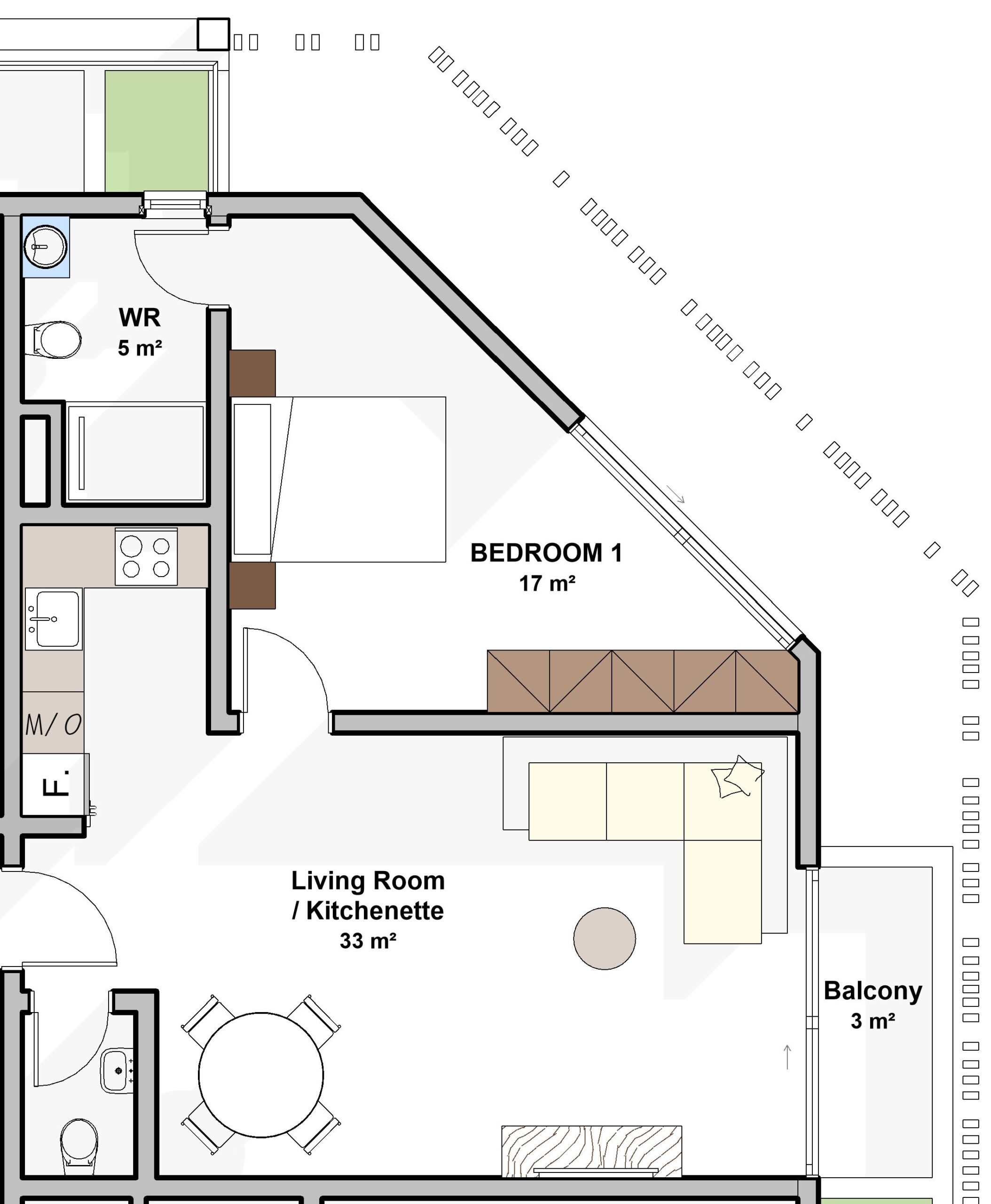 64.4 m2 _ 1 BEDROOM APARTMENT 1_ ANGLED AREA