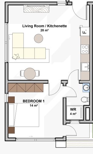 49.9m2 _ 1 BEDROOM APARTMENT 1_ BOTTOM LEFT