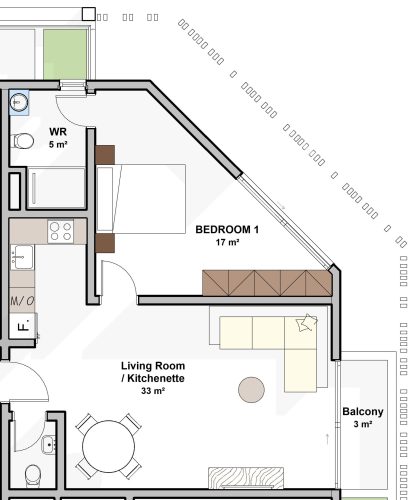 64.4 m2 _ 1 BEDROOM APARTMENT 1_ ANGLED AREA